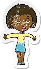 retro distressed sticker of a cartoon bored woman