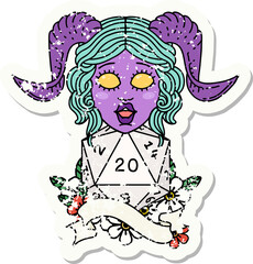 grunge sticker of a tiefling with natural twenty dice roll