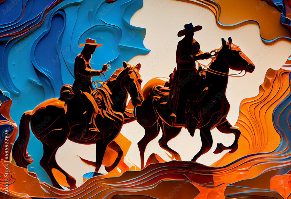 Poster the image captures a group of rugged cowboys riding their horses across a vast, sun-drenched plain, 