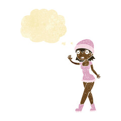 cartoon pretty girl in hat waving with thought bubble