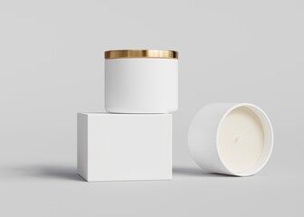 White ceramic candle jar with gold lid and empty box front view standing and laying mockup, 3D render