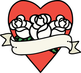 tattoo in traditional style of a heart and banner with flowers