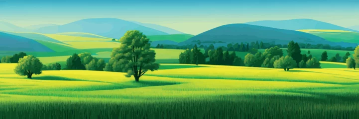 Gordijnen Green field, tree and blue sky. Great background, web banner. Electrical illustration Spring background. Green meadow, trees. Cartoon illustration beautiful summer landscape valley with blue sky © Павел Кишиков