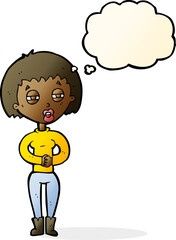 cartoon tired woman with thought bubble