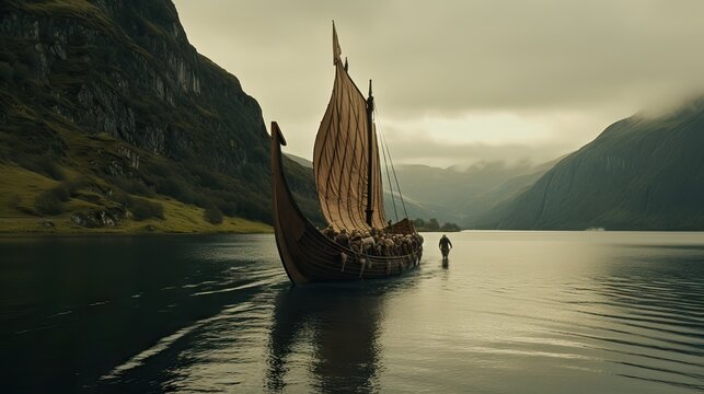 Viking ship entering a fjord landscape. sailor ship, Generative AI	
