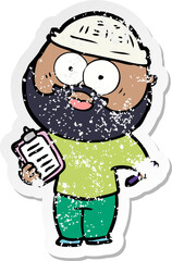 distressed sticker of a cartoon bearded man with clipboard and pen