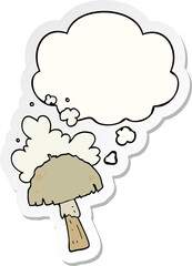 cartoon mushroom with spore cloud with thought bubble as a printed sticker