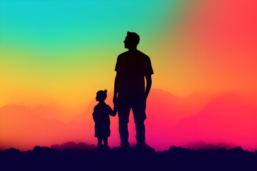 Fototapeta premium Happy fathers day greeting card illustration of silhouette dad and daughter in bright colors background. Holiday family concept with copy space. Generated ai.