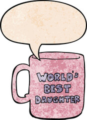 worlds best daughter mug with speech bubble in retro texture style