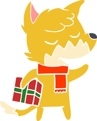 friendly flat color style cartoon fox with christmas present