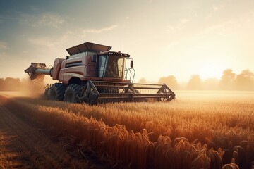 Fototapeta na wymiar 3D rendering of early morning wheat harvesting with a combine harvester, embodying agriculture. Generative AI