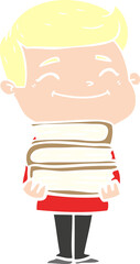 happy flat color style cartoon man with stack of books