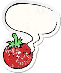 cute cartoon tomato with speech bubble distressed distressed old sticker