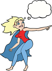 cartoon superhero woman pointing with thought bubble