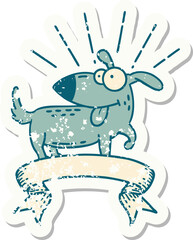 worn old sticker of a tattoo style happy dog