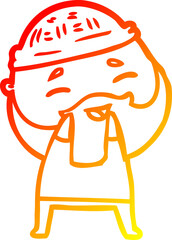 warm gradient line drawing of a cartoon happy bearded man