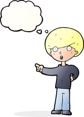 cartoon pointing boy with thought bubble