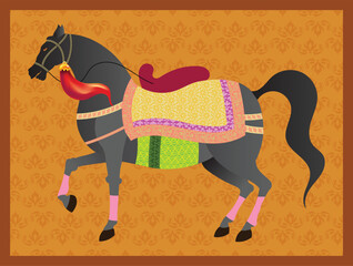 Horse painted in traditional Indian Mughal art painting style, vector illustration frame for wall painting	