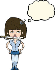 cartoon woman with knife between teeth with thought bubble