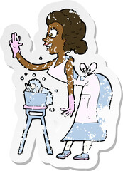 retro distressed sticker of a cartoon housewife washing up