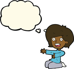 cartoon shocked woman on knees with thought bubble