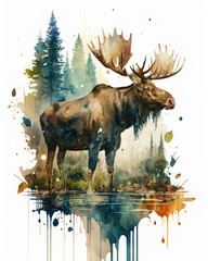 Watercolor illustration of a moose or elk, belonging to the Alces family. Generative AI