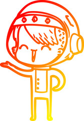 warm gradient line drawing of a happy cartoon space girl