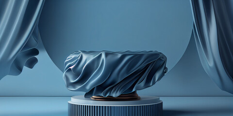 Beauty cosmetic product presentation, blue background with podium and silk cloth, 3d render 