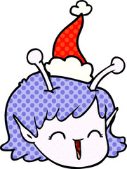 hand drawn comic book style illustration of a alien space girl face wearing santa hat