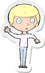 retro distressed sticker of a cartoon waving boy