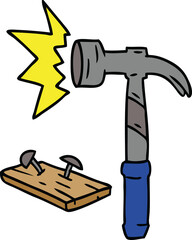 hand drawn cartoon doodle of a hammer and nails