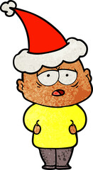 hand drawn textured cartoon of a tired bald man wearing santa hat