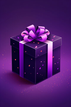 dunkellila Geschenk mit lila Schleife auf dunkellila Hintergrund. Hochformat. Hochkant. Generative Ai.