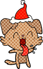 hand drawn comic book style illustration of a panting dog wearing santa hat