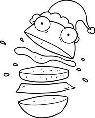 hand drawn line drawing of a amazing burger wearing santa hat