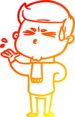 warm gradient line drawing of a cartoon man sweating