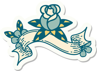 tattoo style sticker with banner of a single rose