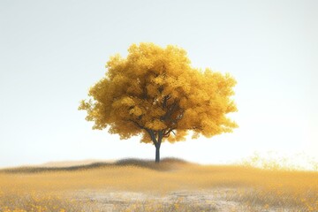 Naklejka na ściany i meble 3D illustration of a tree in a field with yellow leaves on a white background. Generative AI