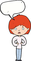 cartoon woman making Who Me? gesture with speech bubble
