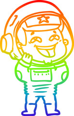 rainbow gradient line drawing of a cartoon laughing astronaut