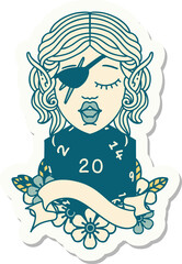 sticker of a elf rogue character with natural twenty dice roll