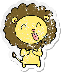 distressed sticker of a happy cartoon lion