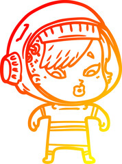 warm gradient line drawing of a cartoon astronaut woman