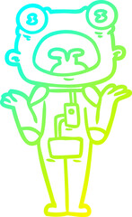 cold gradient line drawing of a cartoon weird alien shrugging shoulders