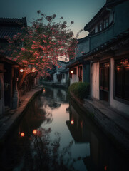 Obraz premium Canal in a chinese village at dusk. Generative AI