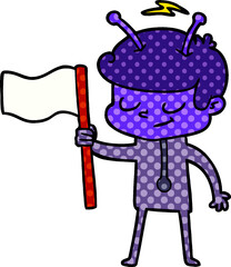 friendly cartoon spaceman with white flag