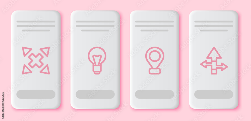 Poster set line many ways directional arrow, light bulb, location and arrow. white rectangle button. vector