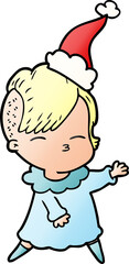 hand drawn gradient cartoon of a squinting girl wearing santa hat