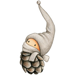 watercolor hand drawn cute pinecone elf