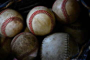 A box full of old baseballs is for sale at a local Antique Shop here in Upstate NY.  Both Baseballs and Softballs together in a box.